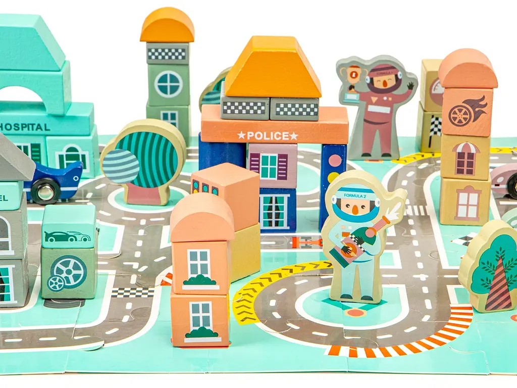 ​Деревянные кубики с ковриком Ecotoys Разноцветный город, 161 шт. (PH05D012) - фото 5