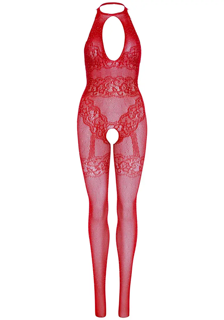 Бодістокінг Leg Avenue Rhinestone Lace and Net, One Size, червоний, зі стразами, відкритий доступ - фото 4