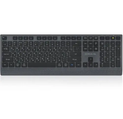 Клавіатура бездротова REAL-EL RK-715W, Black/Grey, EN/UA, Bluetooth/2.4GHz/USB, мембранні клавіші (109 шт), радіус дії до 10 м, кабель 1.5 м (EL123100051)