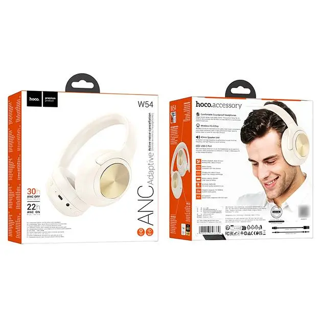 Наушники накладные Hoco W54, Bluetooth 5.4, ANC, 400 mAh, 30h milky white - фото 4