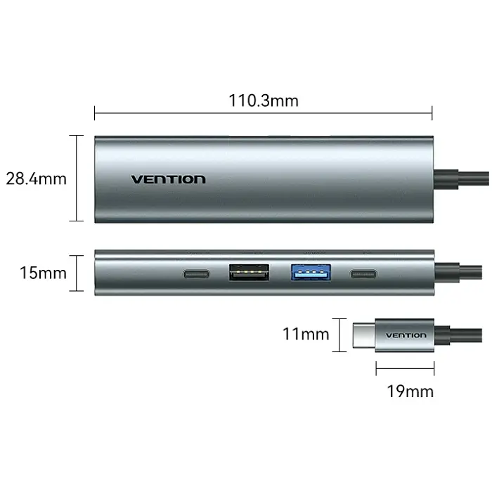 Док-станція USB3.0 Type-C --> HDMI 4K30Hz /USB 3.0/USB 2.0/Type-C 2.0/ PD 100W Hub 5-in-1 Vention - фото 2