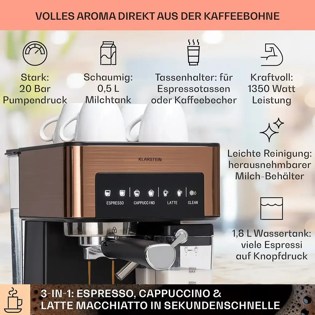 Кофеварка Klarstein Arabica Comfort 1350 W 20 бар (10041524) Бронза - фото 6