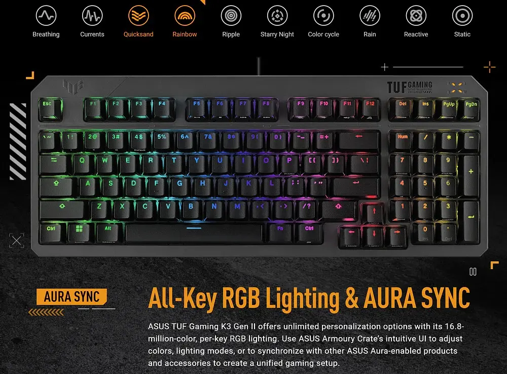 Клавiатура Asus TUF Gaming K3 Gen II Opti-Mech RGB 97key Switches ABS Black (90MP0390-BKMA00)_promo - фото 9