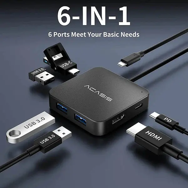 USB hub Acasis HB0706 6-в-1 з HDMI 4K та PD 100W для швидкої зарядки (Чорний) - фото 4