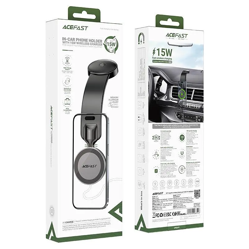 Автотримач для телефона з БЗП Acefast D37 magnetic wireless charging car holder for dashboard чорний - фото 2
