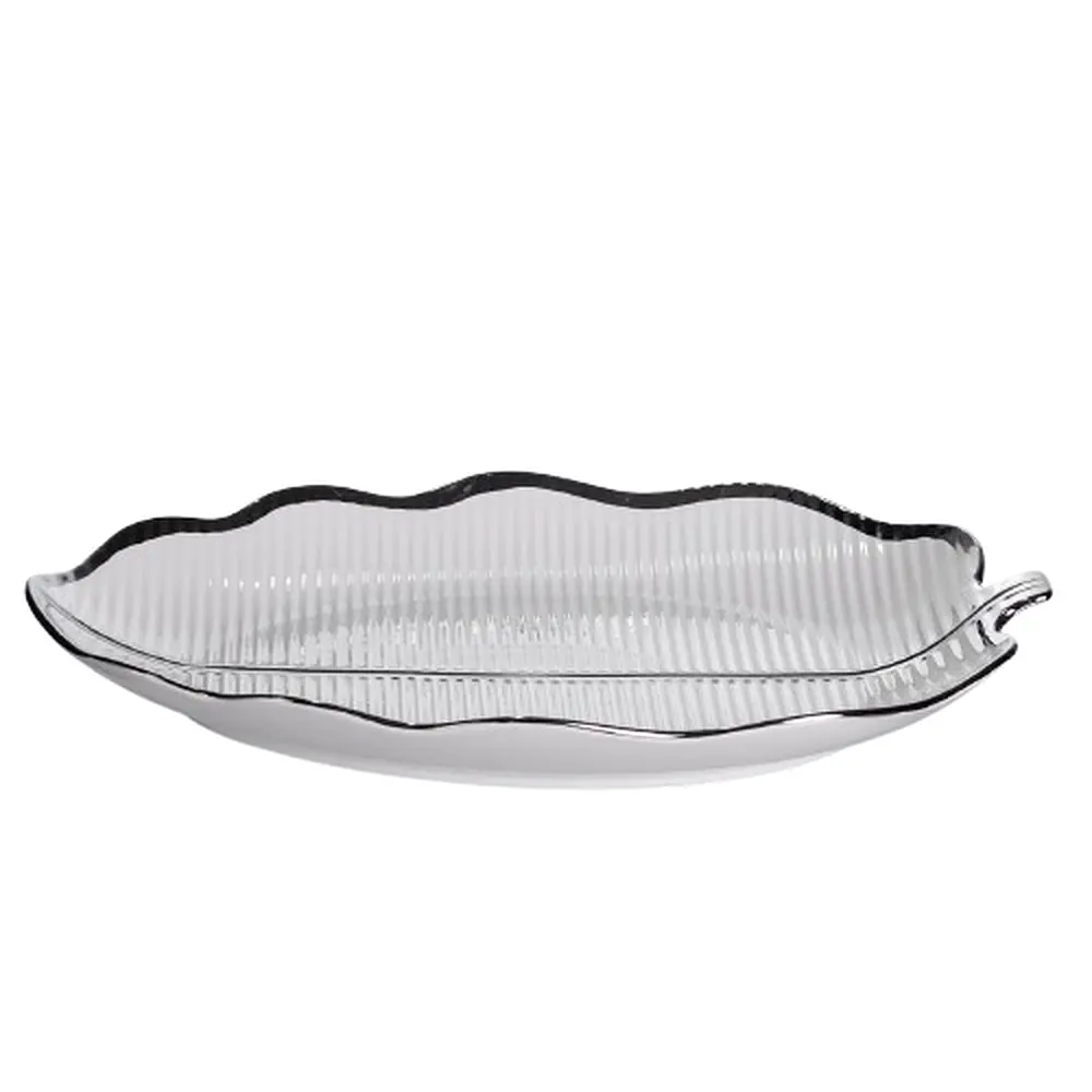 Фарфоровое блюдо для подачи блюд и закусок Листок с черным ободком 2 секции 35.5 см. Серебристый Yiwu ML6046 - фото 2