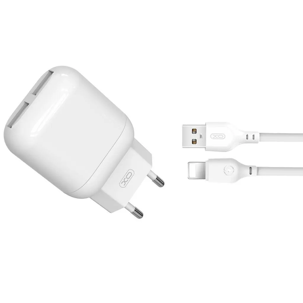 Зарядний пристрій XO 2xUSB 2.4 А + кабель USB-A — Lightning білий (L78-L-WH)