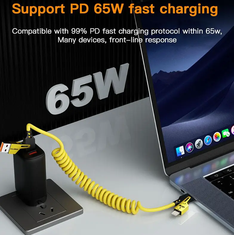 Кабель Ronpin 4-в-1 65W спиральный для быстрой зарядки USB Type-C Lightning Micro-USB - фото 4