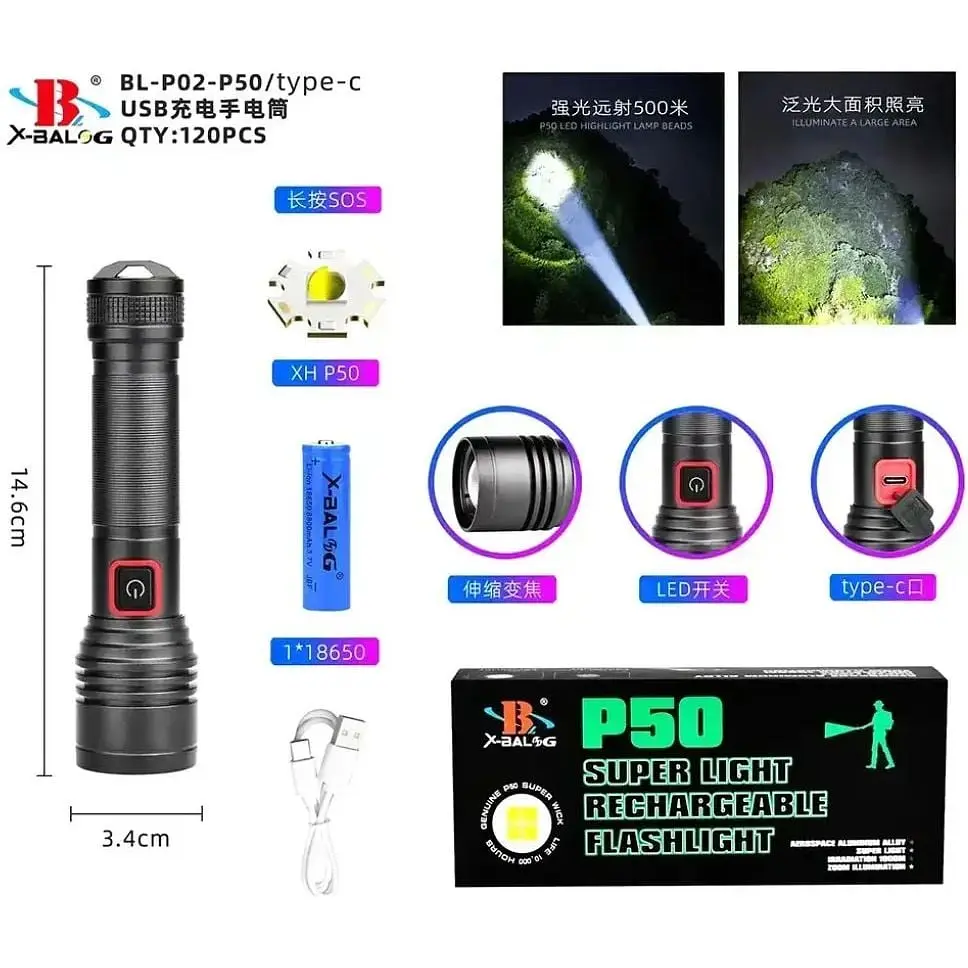 Ліхтар ручний X-Balog BL-P02-P50 акумуляторний 18650 Zoom P50 Type-C - фото 9