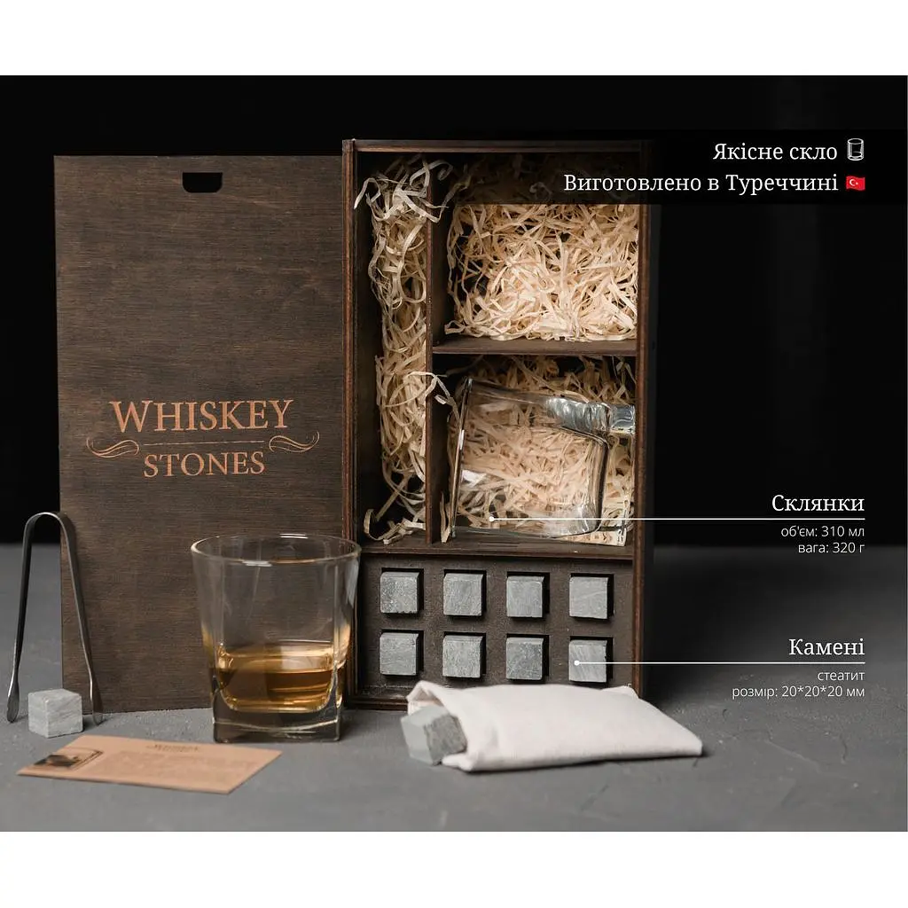 Подарунковий набір Whiskey Stones камені для віскі 8 штук + інструкція + мішечок для зберігання + щипці та 2 склянки - фото 8