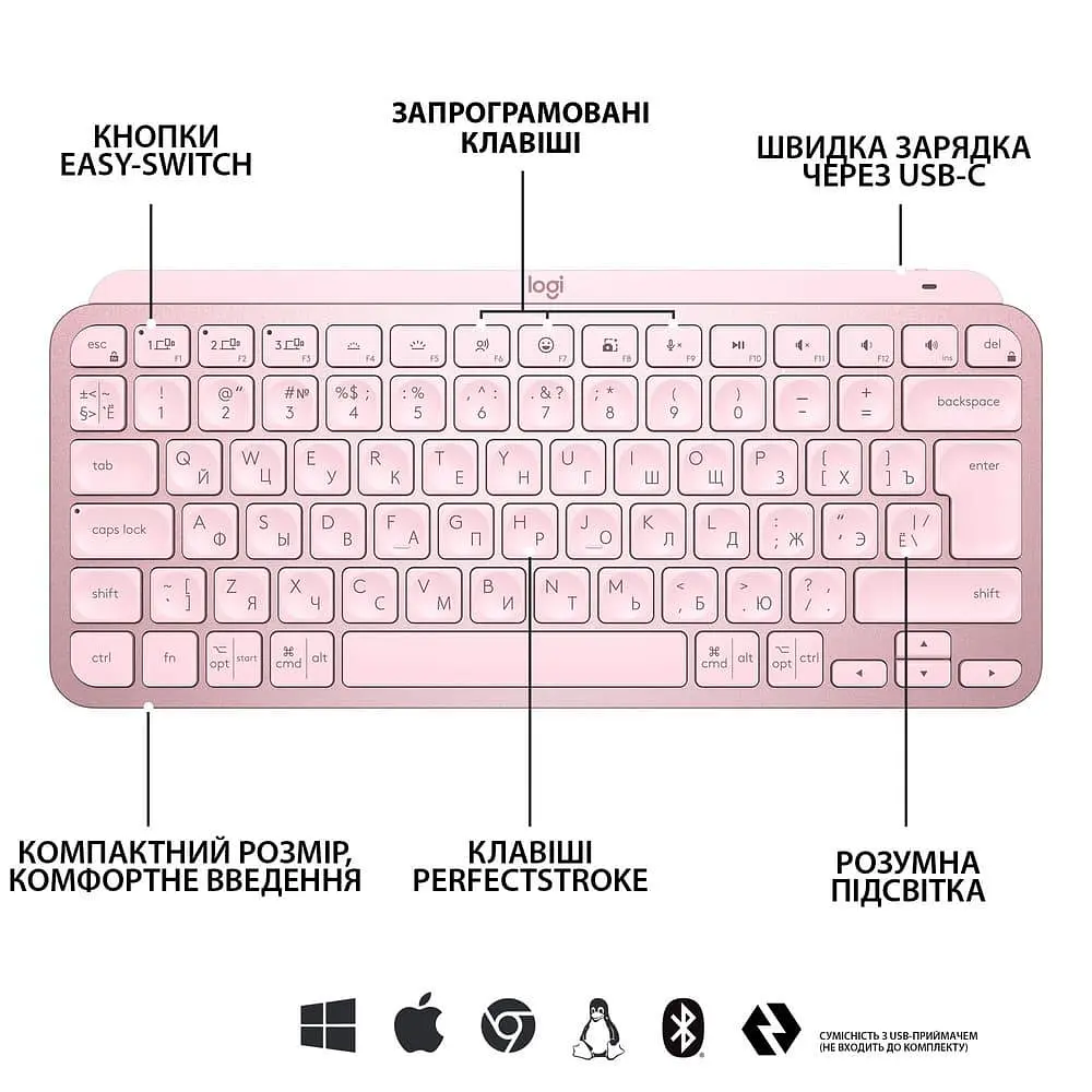 Клавіатура Logitech MX Keys Mini Wireless Illuminated Rose (920-010500) - фото 6
