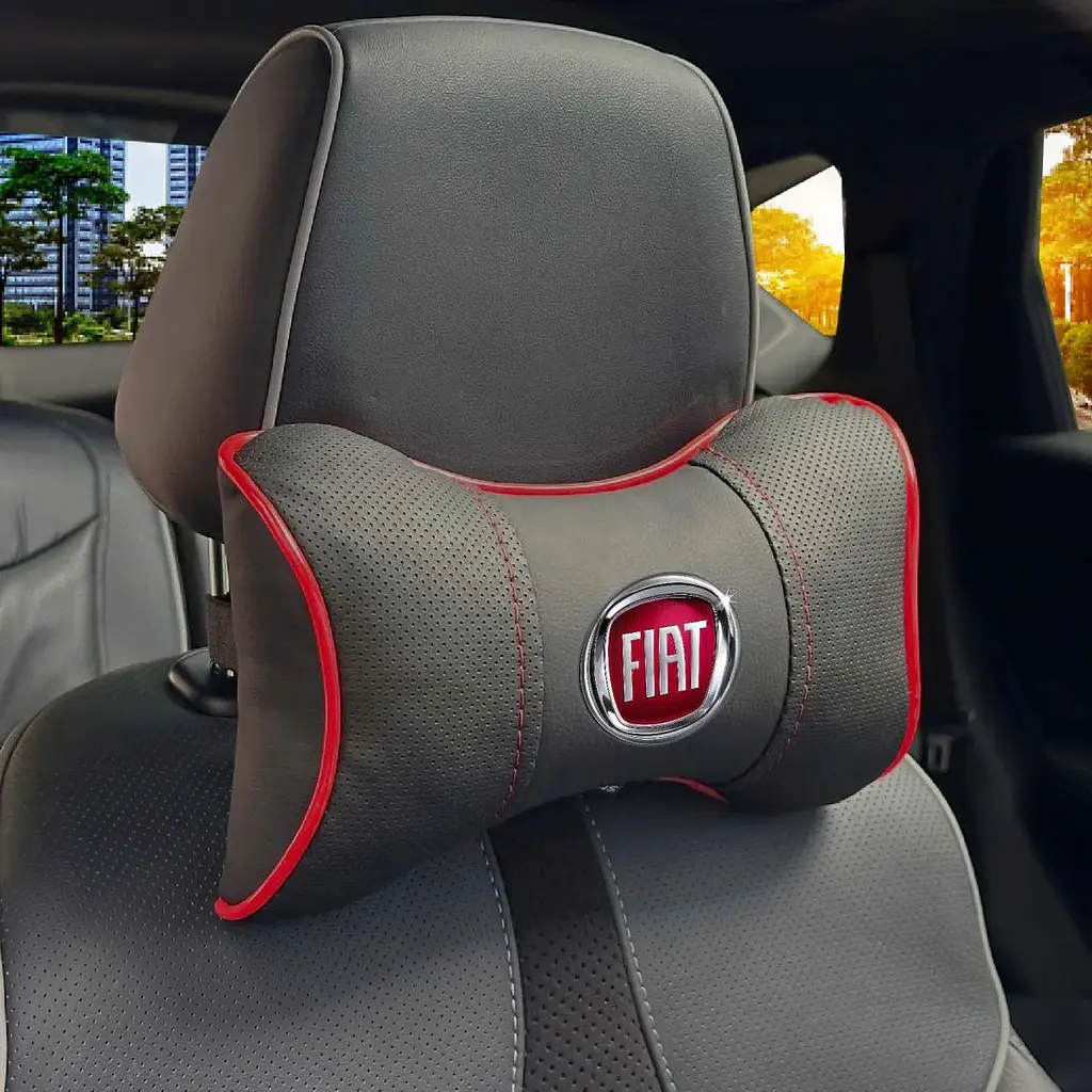 Подушка на підголівник з логотипом Fiat Екошкіра 3D Кольоровий лого Чорна-Червоний кант 1 шт