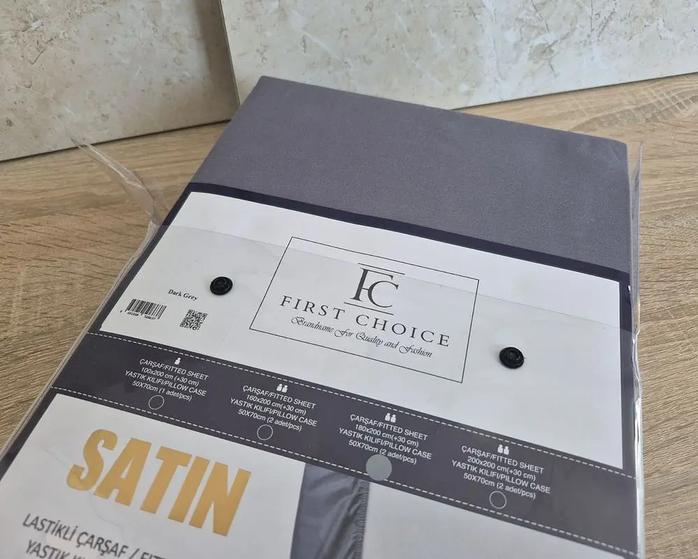 Турецьке простирадло на резинці First Choice 180х200х30 + 2 наволочки 50х70 сатин Dark Grey - фото 4