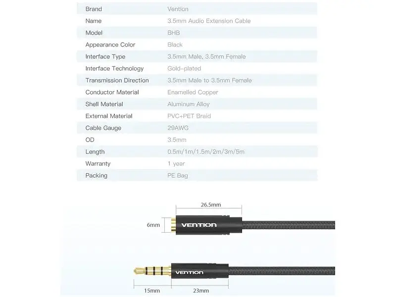 Кабель Vention Audio 3.5 mm M - 3.5 mm F 1m Black (BHBBF) - фото 3