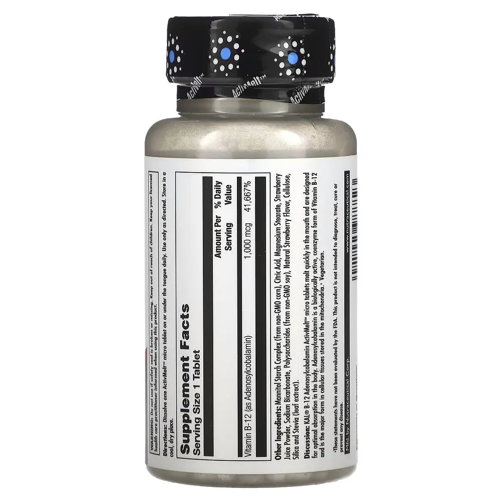 Вітамін B-12  аденозилкобаламін KAL Vitamin B-12 Adenosylcobalamin 1000 mcg, 90 мікро таблеток для підтримки нервової системи - Полуниця - фото 2