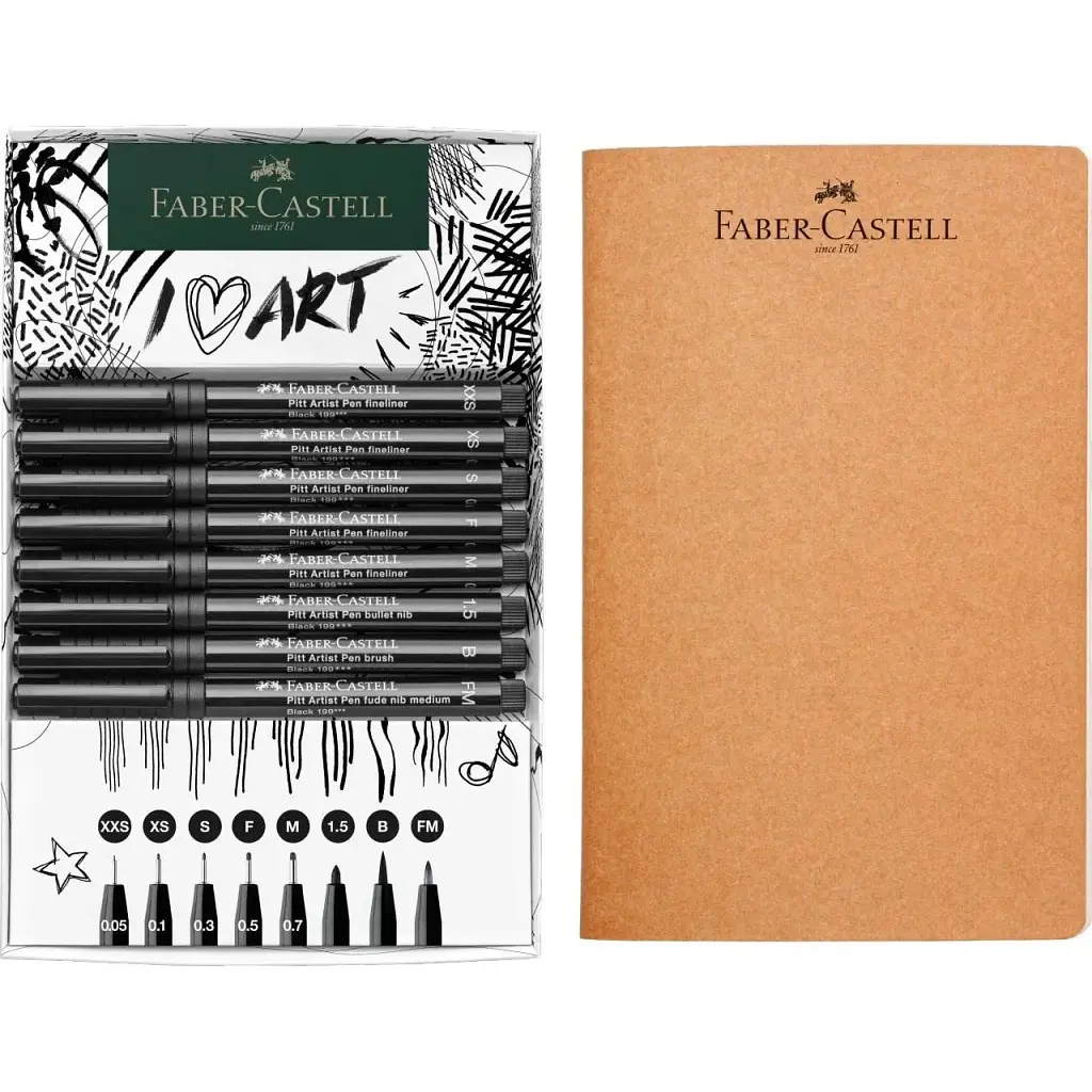 Лайнер Faber-Castell набір ручок капілярних та блокнот Sketch Set колір чорний (XXS, XS, S, F, M, 1,5, B, FM) (32468) - фото 3