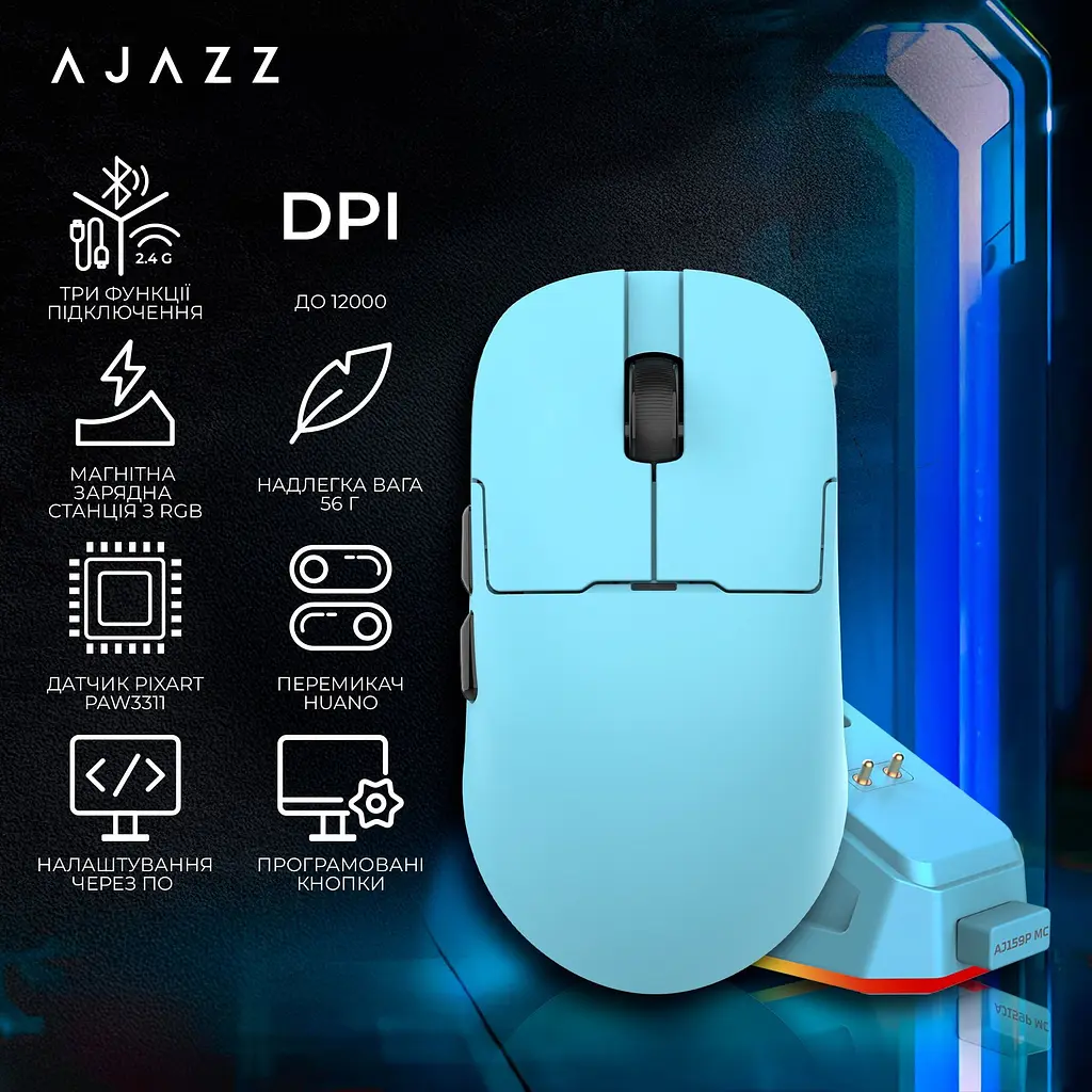 Миша Ajazz AJ159P MC Wireless/Bluetooth/USB Blue Charging Dock (AJ159P-MC-Blue) - фото 15