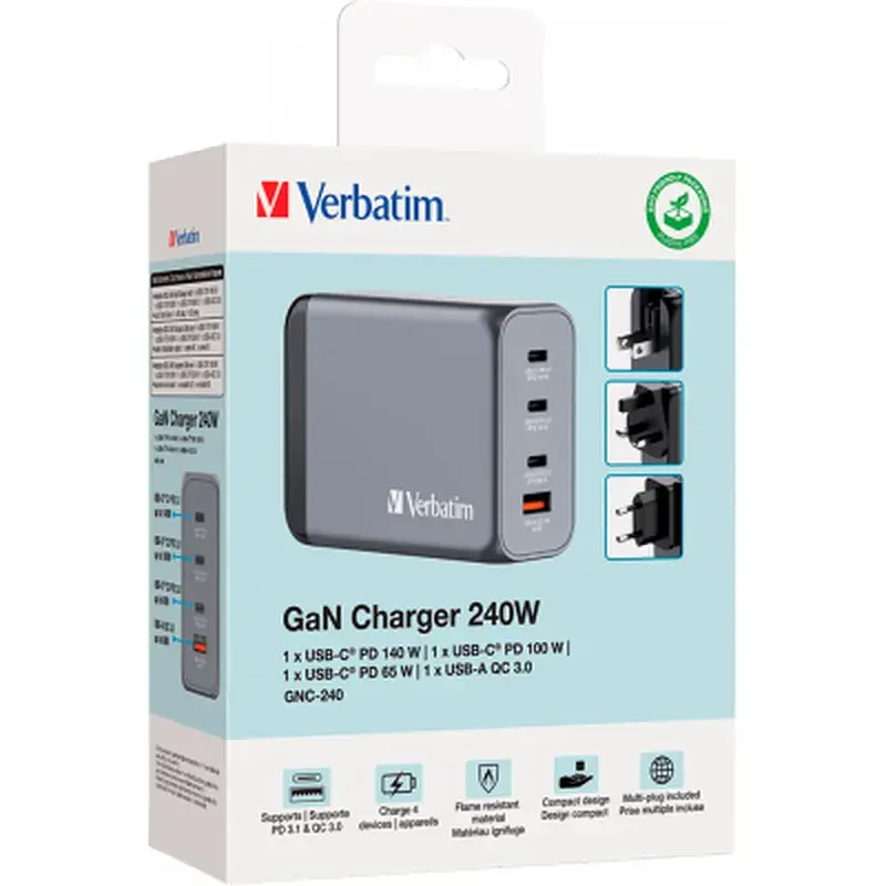 Зарядний пристрій Verbatim GaN 240 W 4 ports (USB-C-140 W,USB-C-100 W,USB-C-65 W /USB-A -3.0) (32205) - фото 4