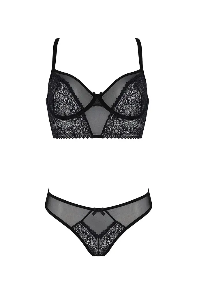Комплект Passion DROSERA SET black S/M, сітка+мереживо, бюстьє та трусики танга - фото 3