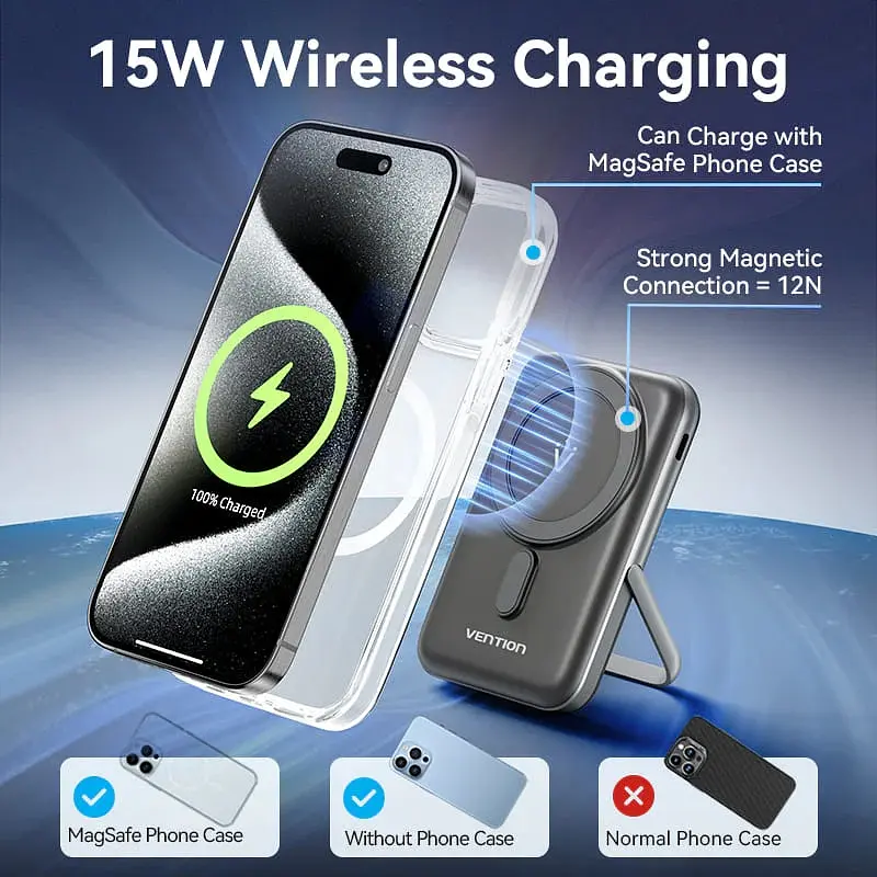 Універсальна мобільна батарея Vention Magnetic Wireless 10000mAh 20W PD USB-C In/Out, QI-15W Чорний - фото 7