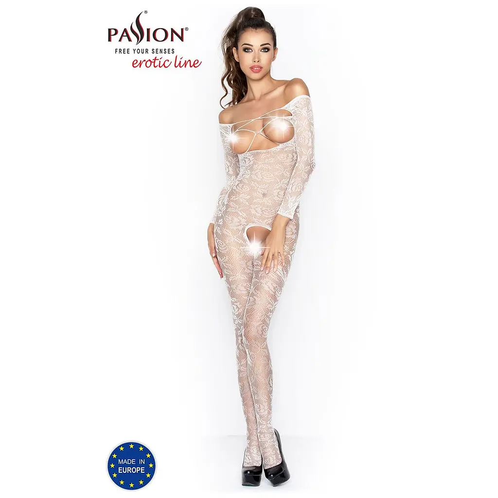 Бодістокінг Passion BS031 white, комбінезон з відкритими грудьми - фото 2