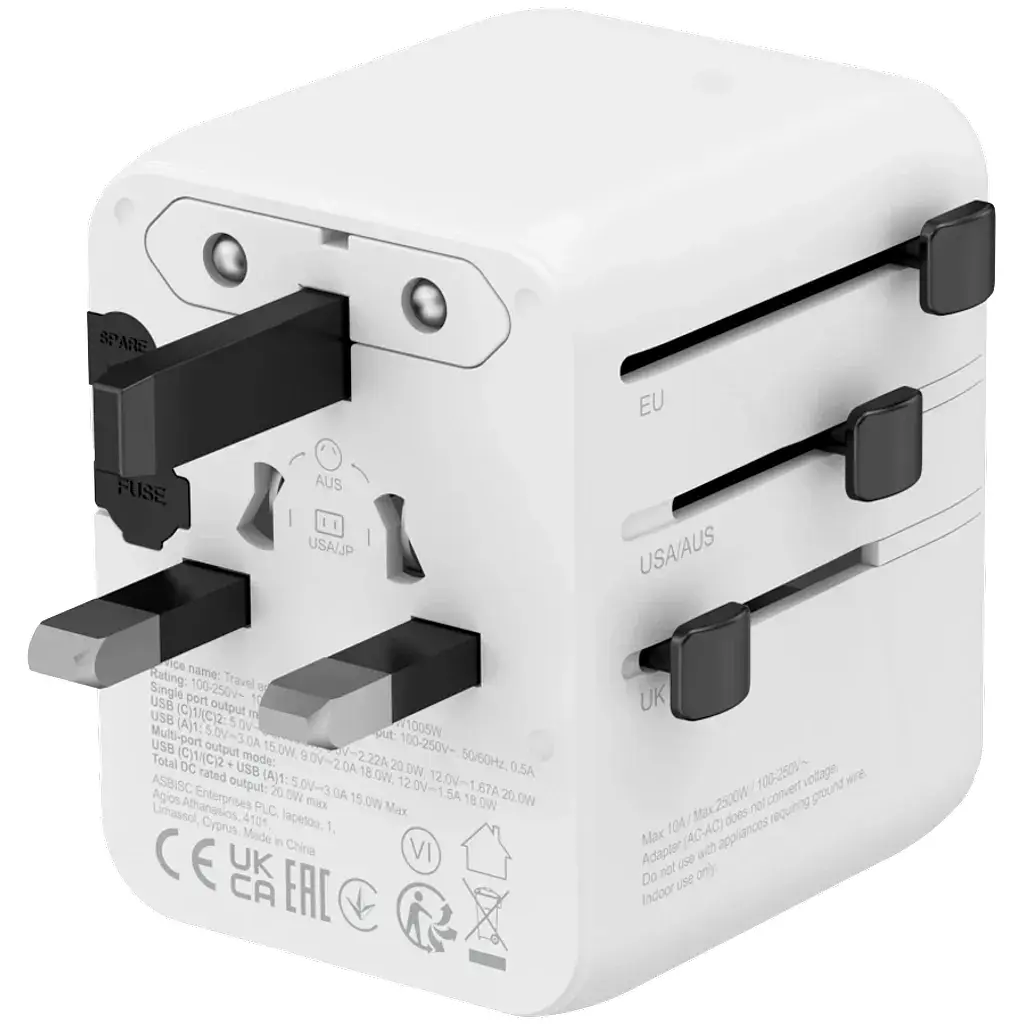 Зарядний пристрій Canyon OnTour 20 2xUCB-C + USB-A EU/UK/US/AUS 20W White (CNS-TA20W1005W) - фото 6