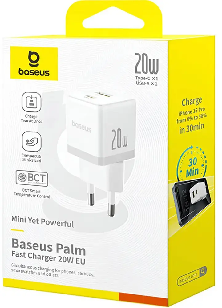 МЗП Baseus Palm Fast Charger C+U 20W EU White - фото 2