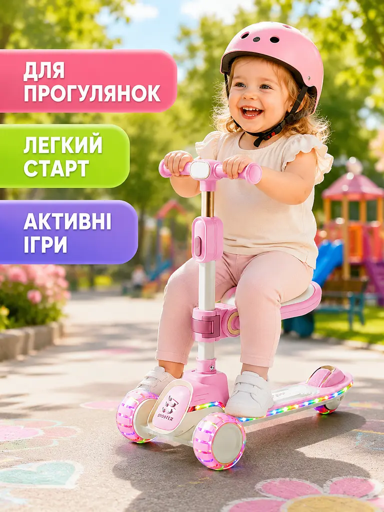 Дитячий самокат триколісний 2в1 рожевий із сидінням підсвічуванням коліс і музикою (49675957) - фото 4