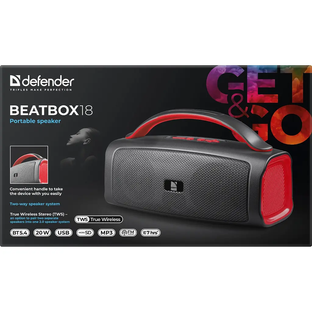 Акустична система 1.0 Defender Beatbox 18 20Вт Bluetooth//FM/USB/TF/TWS/1500мАч чорна - фото 6