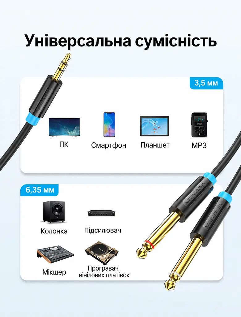 Аудіокабель-розгалужувач Vention 3 м мініджек на джек штекер 3,5 мм TRS на два штекери 6,35 мм TS поділ стерео на лівий і правий канали небалансне з’єднання екранування фольгою та металевим обплетенням позолочені штекери чорний (BACBI) - фото 3