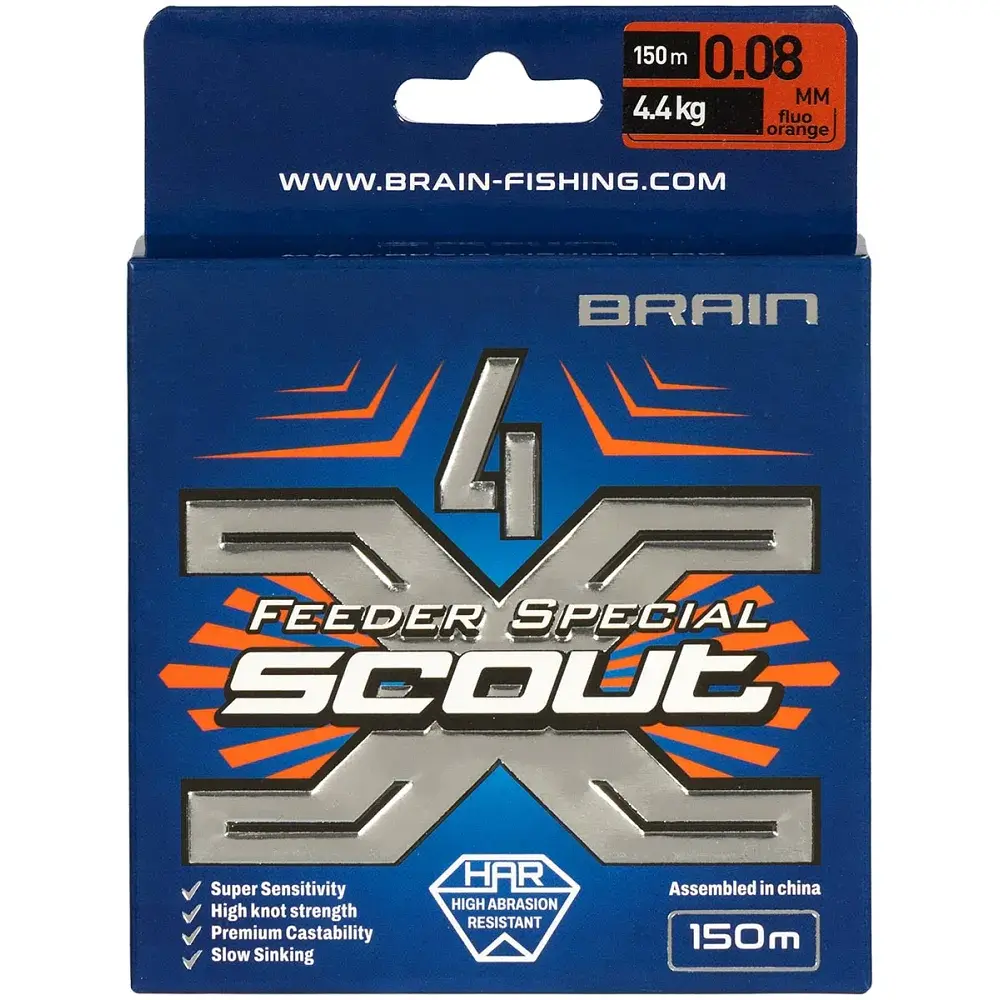 Шнур Brain Scout 4X 150 м (fluoro Orange) 0.080 мм 4.4 кг - фото 2