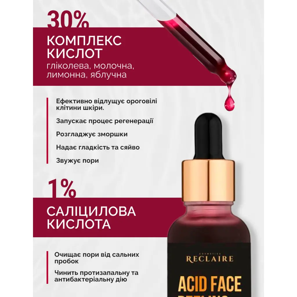 Кислотний пілінг для обличчя AHA 30%+BHA 1% Reclaire cosmetics 30 мл - фото 3