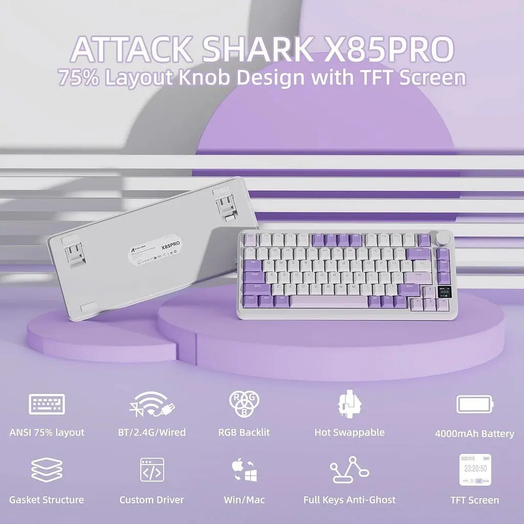 Клавиатура Attack Shark X85 Pro RGB Linear Blueberry Switches Wireless (AS-6972792471105-L) Lavender (G-000004028) - фото 6