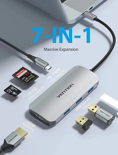 Хаб USB 7-in-1 Grey Type-C 3.2 - 1xType-C (100 Вт)/3xUSB 3.0/HDMI 4K/microSD/SD Vention teh0019597 - фото 3