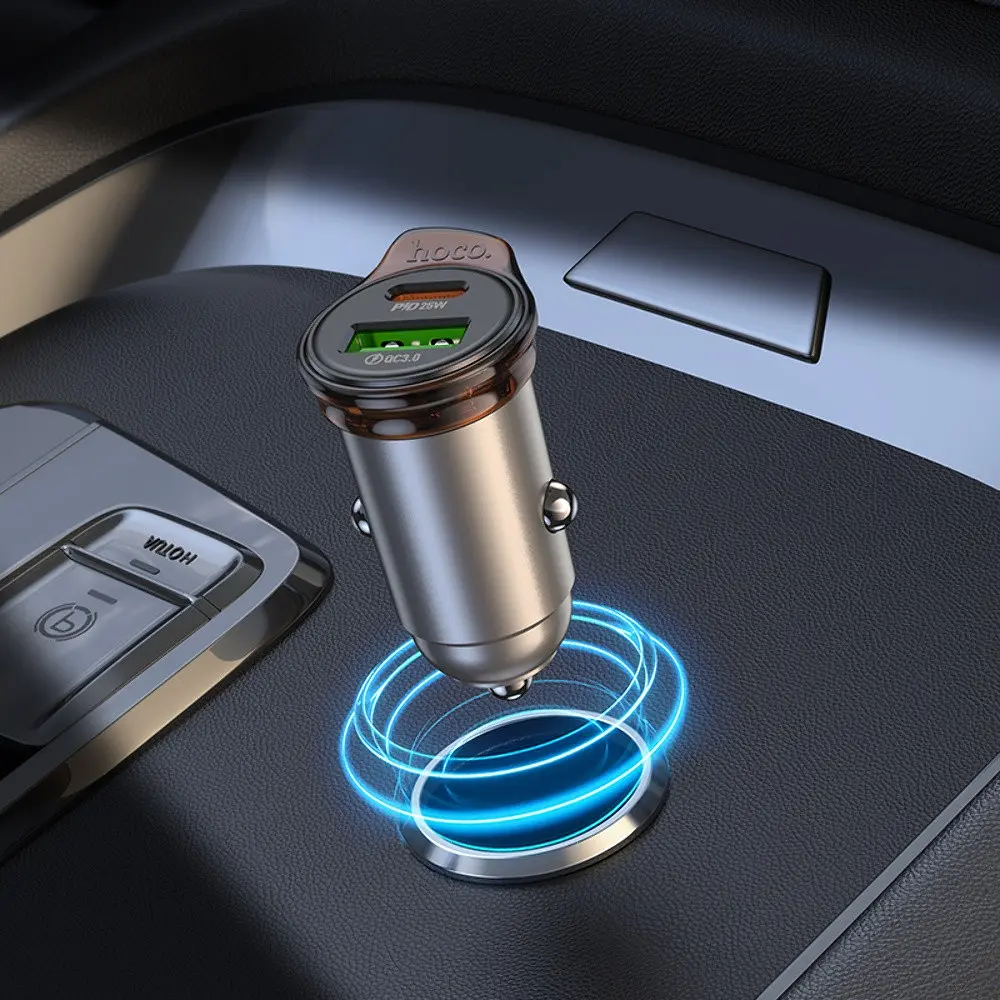 Автомобільний зарядний пристрій Hoco NZ16A USB/Type-C 43W PD QC 25W metal grey + кабель Type-C to Lightning - фото 7