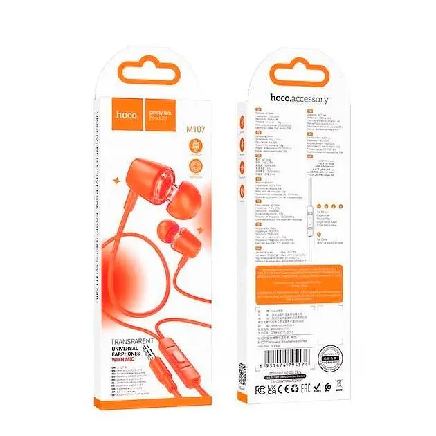 Проводные наушники Hoco M107  Discoverer universal earphones with mic, 3.5mm, 1.2m, orange - фото 2