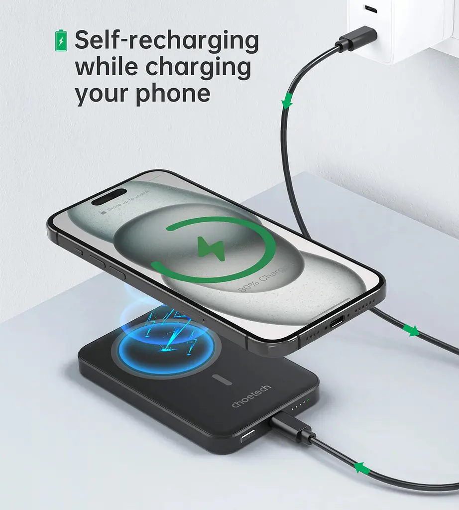 УМБ Choetech Magnetic Wireless 5000mAh 20W PD Qi-15W USB-C In/Out, тонкий, Black - фото 6