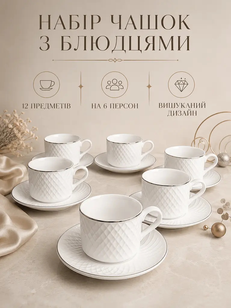 Чайний сервіз фарфоровий білий на 6 персон 12 предметів, чашки 200 мл, блюдця Ø14 см (49676239) - фото 2
