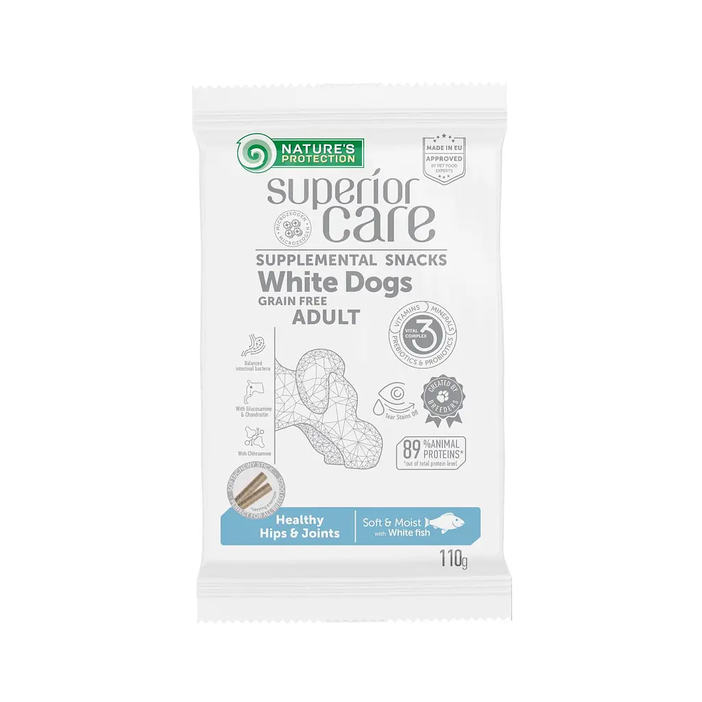 Беззернові ласощі для білих собак Nature's Protection SC White Dogs Healthy hips & joints з рибою, 110 г