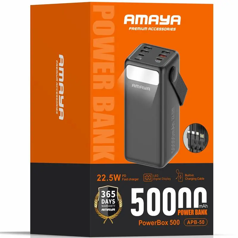 Портативний ЗП Power Bank Amaya APB-50 22.5W flashlight with cable 50000 mAh Black - фото 2