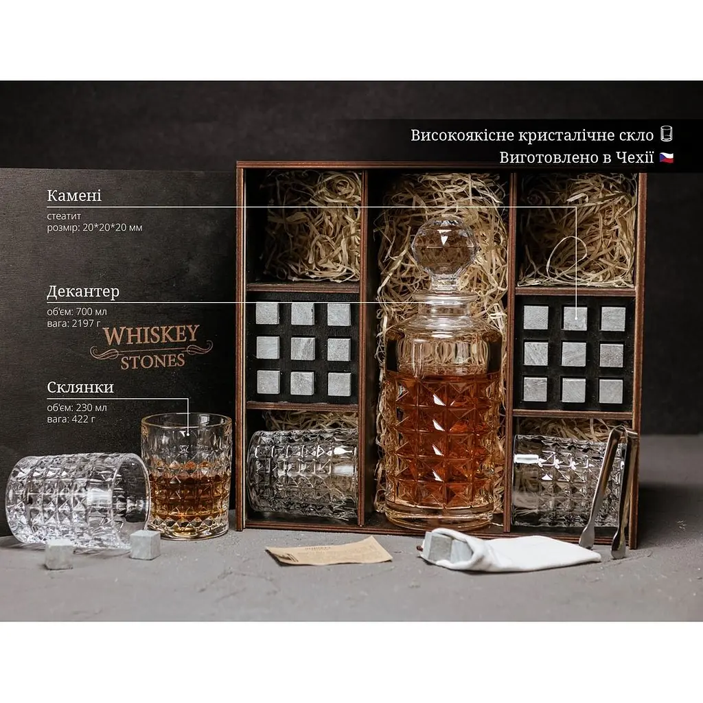 Подарунковий набір Whiskey Stones камені для віскі 18 штук + інструкція + щипці + мішечок для зберігання + 4 склянки та декантер - фото 8