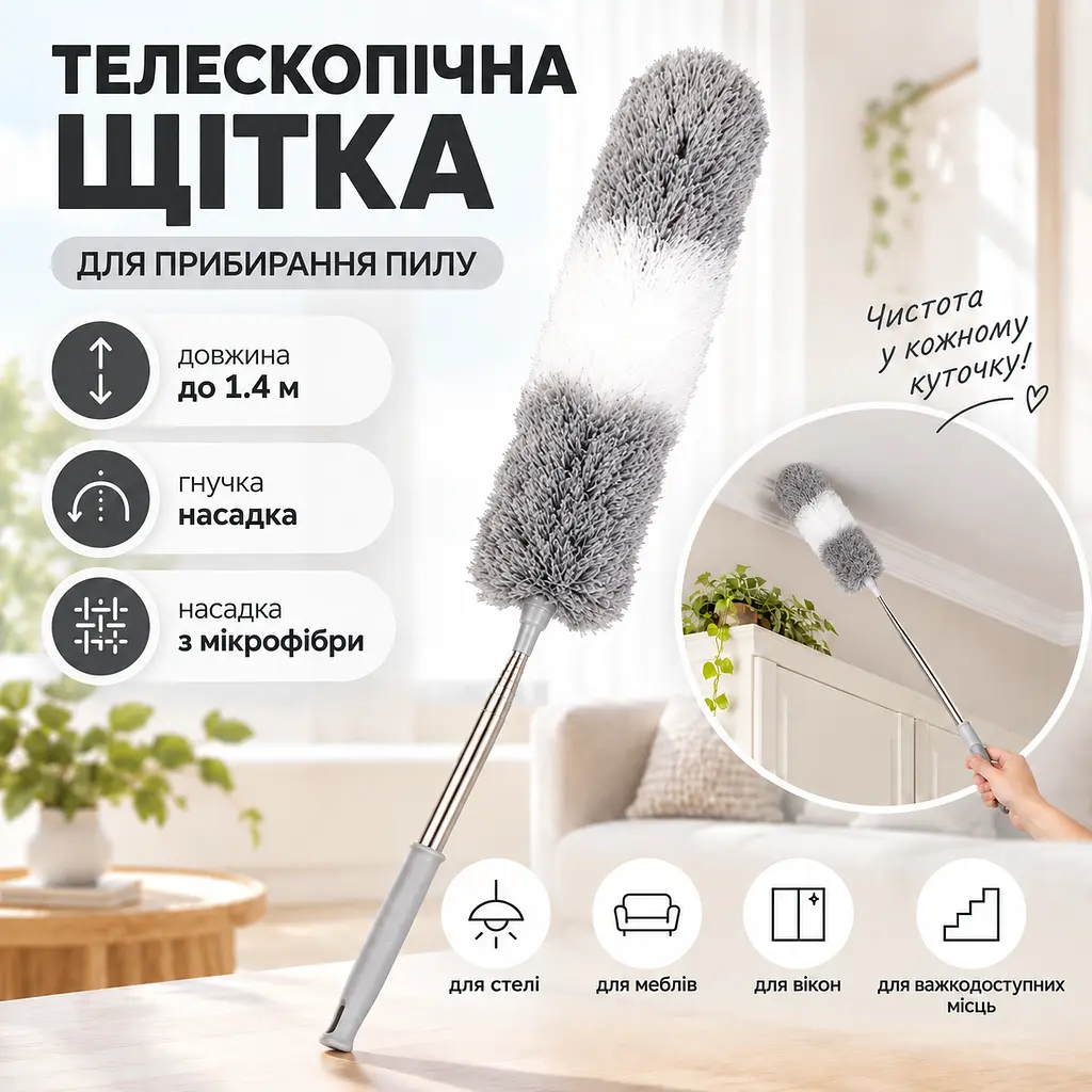 Телескопічна щітка для прибирання пилу до 1,4 м з насадкою з мікрофібри — гнучка щітка для стелі, шаф KT9004303