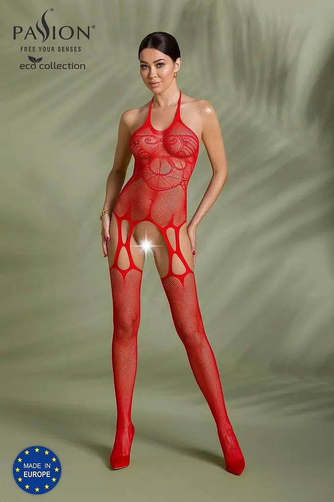 Бодистокинг Passion ECO BS002 с доступом имитация подвязок абстрактный рисунок S/M/L red - фото 3