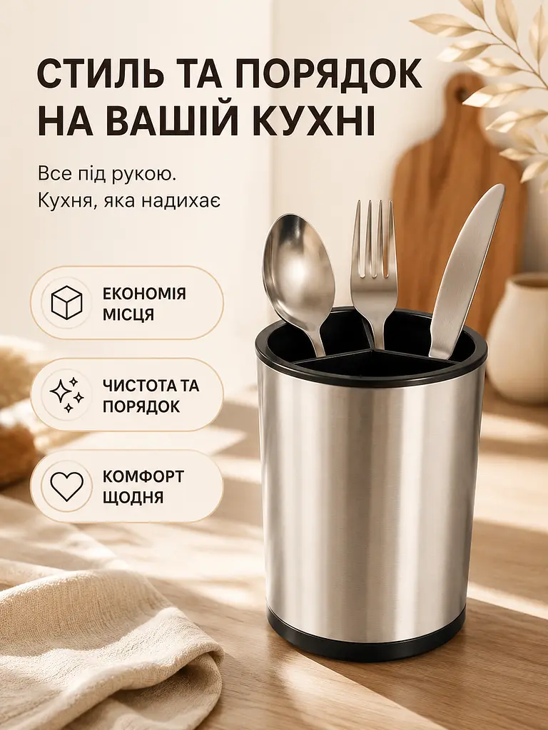 Органайзер-підставка для столових приборів з нержавіючої сталі 360° 3 відділення 17x12 см, сріблястий (80305724) - фото 7
