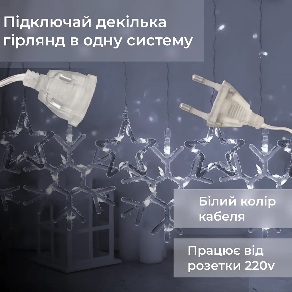 Гірлянда-штора Зірки та сніжинки розмір 3*0,9 м 10 фігур, білий GarlandoPro 1733067W - фото 12