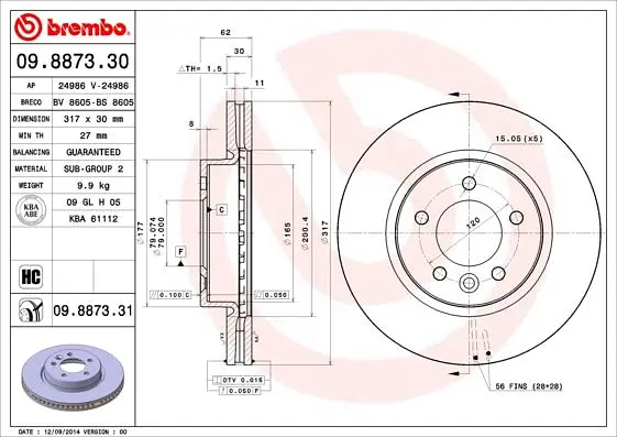Диск гальмівний передній вентильований Land Rover Discovery III-IV 04-18р Brembo (09.8873.31) - фото 2