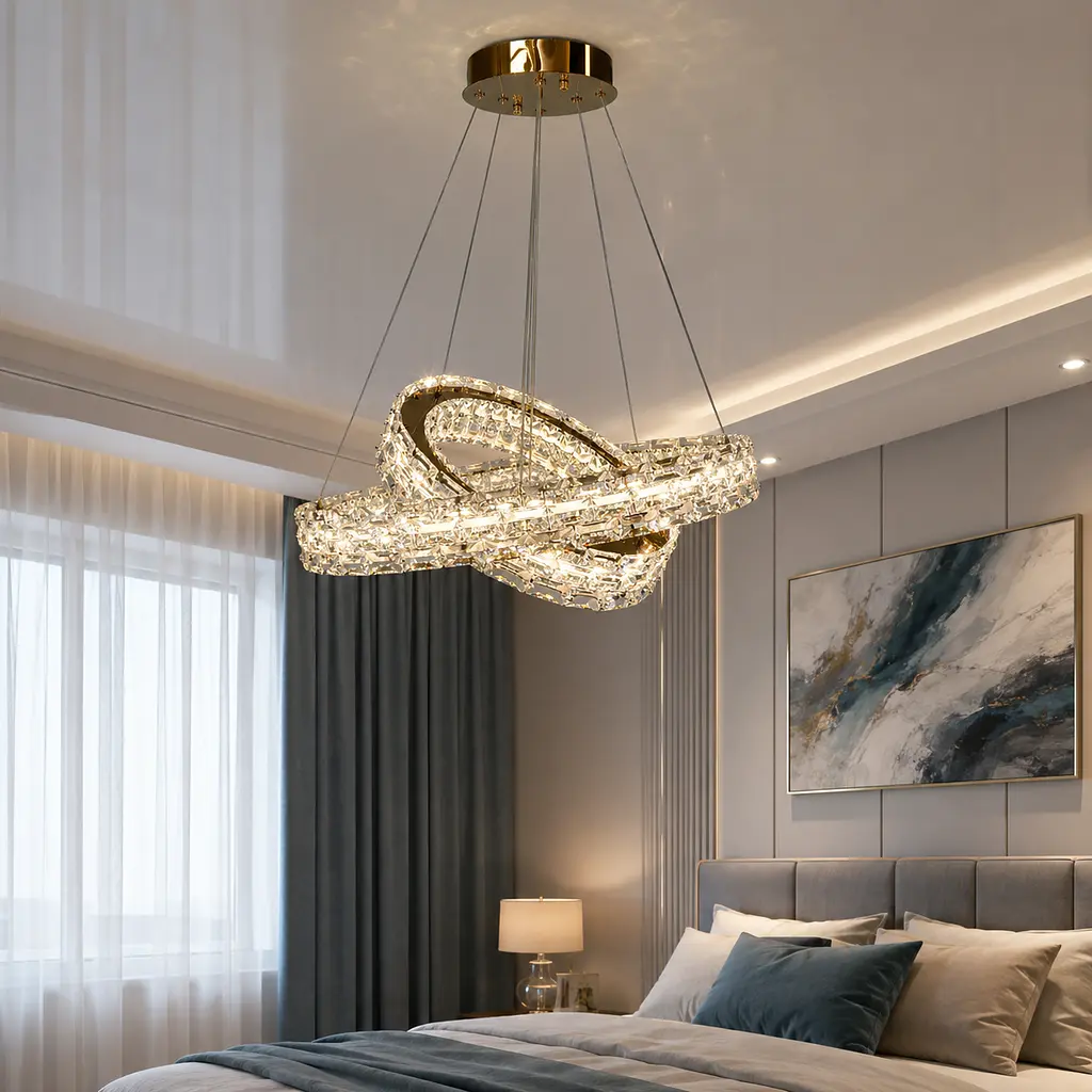 Підвісна LED-люстра Diasha 7896/600+400S-gold з двома кришталевими кільцями, пультом, 54 W, Gold, 60 см, 12-20m2