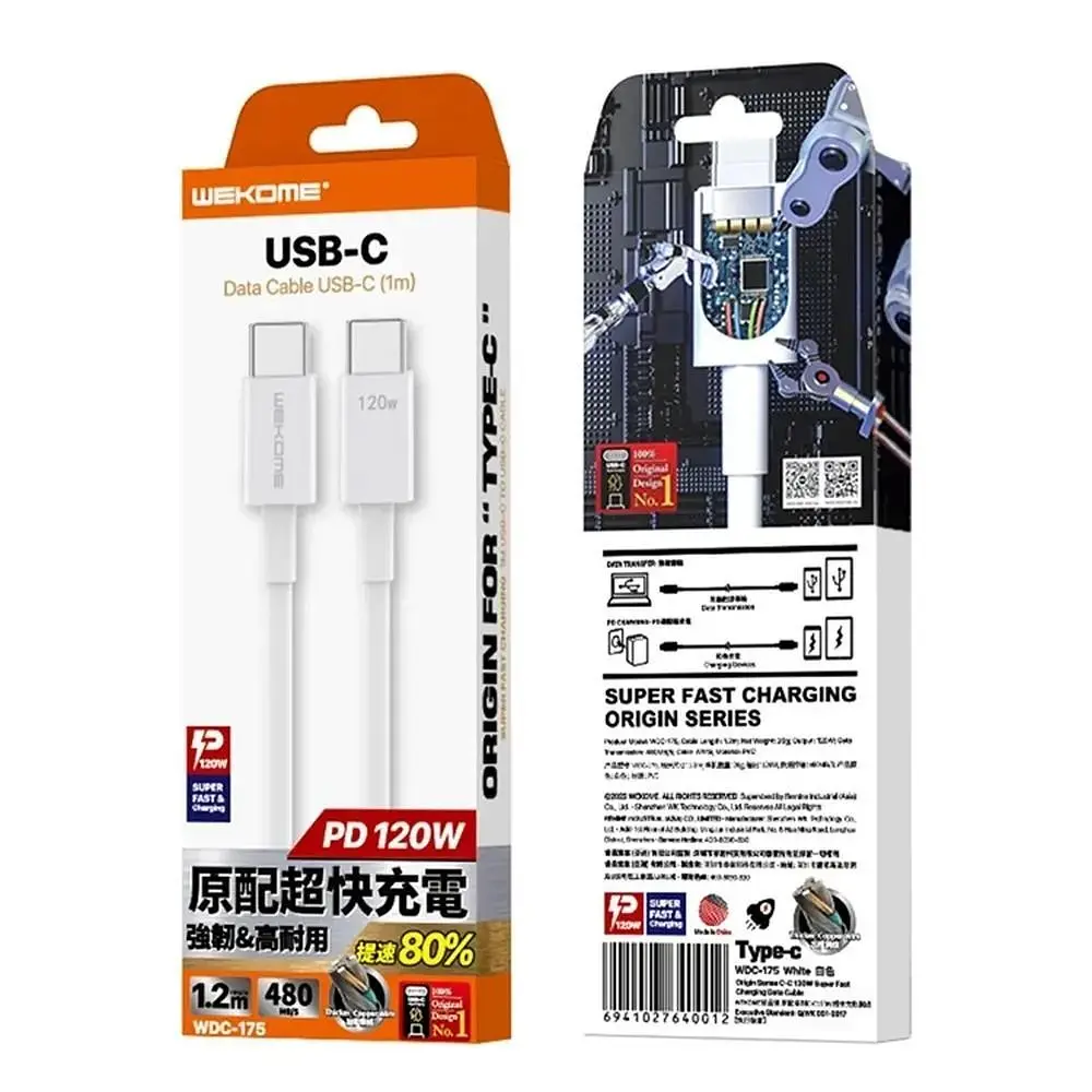Кабель WK WDC-175 USB Type-C - USB Type-C (M/M), 1.2 м, 20 W, White (6941027640012) - фото 2