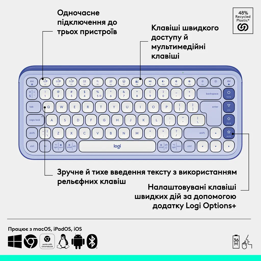 Клавіатура Logitech POP Icon Keys Bluetooth UA Lilac (920-013074) - фото 7