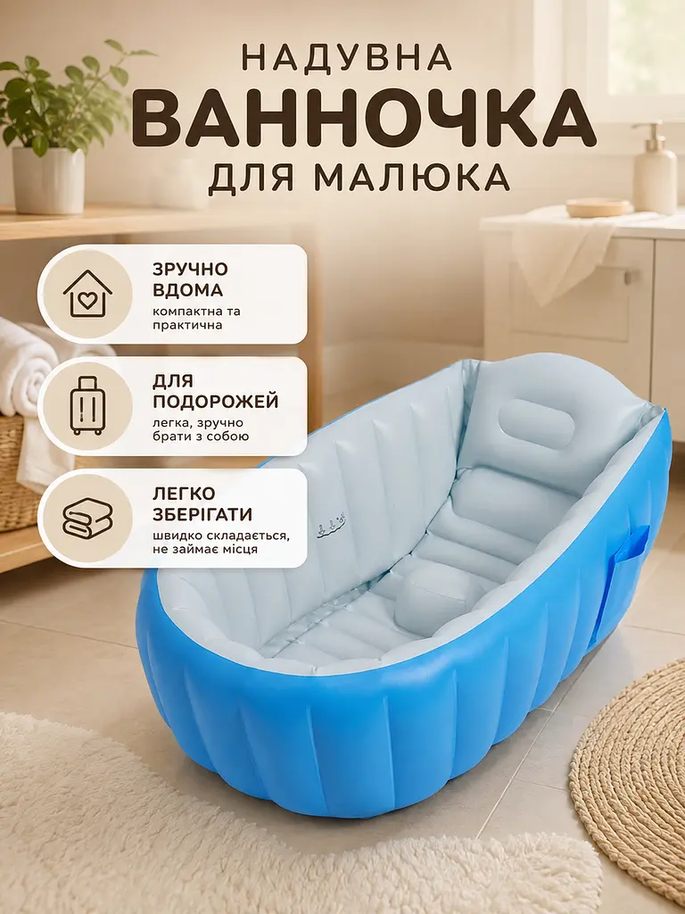 Надувна ванна для купання дитини 98×65×28 см із м’яким дном, підголівником і насосом, блакитна (49676320) - фото 4